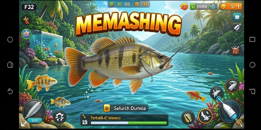 Tampilan gameplay F32 saat menangkap ikan dengan peralatan memancing lengkap.